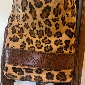American Darling Leopard Print Backpack with Brown Fringe